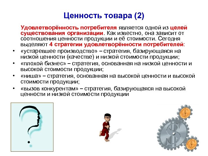 Ценность товара (2) Удовлетворённость потребителя является одной из целей существования организации. Как известно, она