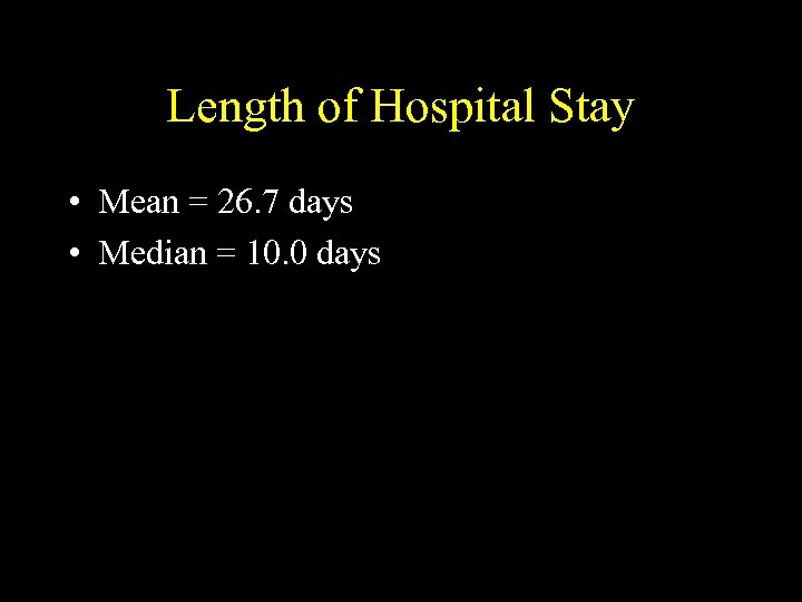 Length of Hospital Stay • Mean = 26. 7 days • Median = 10.