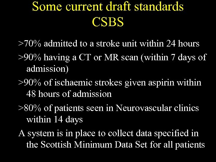 Some current draft standards CSBS >70% admitted to a stroke unit within 24 hours