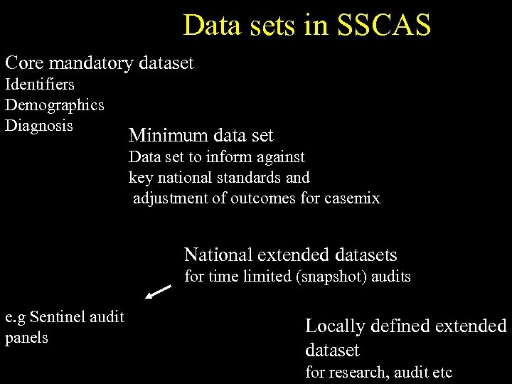 Data sets in SSCAS Core mandatory dataset Identifiers Demographics Diagnosis Minimum data set Data