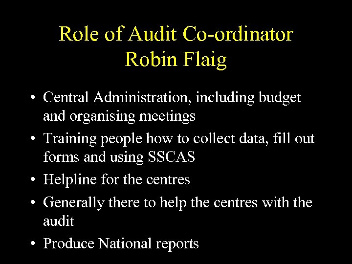 Role of Audit Co-ordinator Robin Flaig • Central Administration, including budget and organising meetings