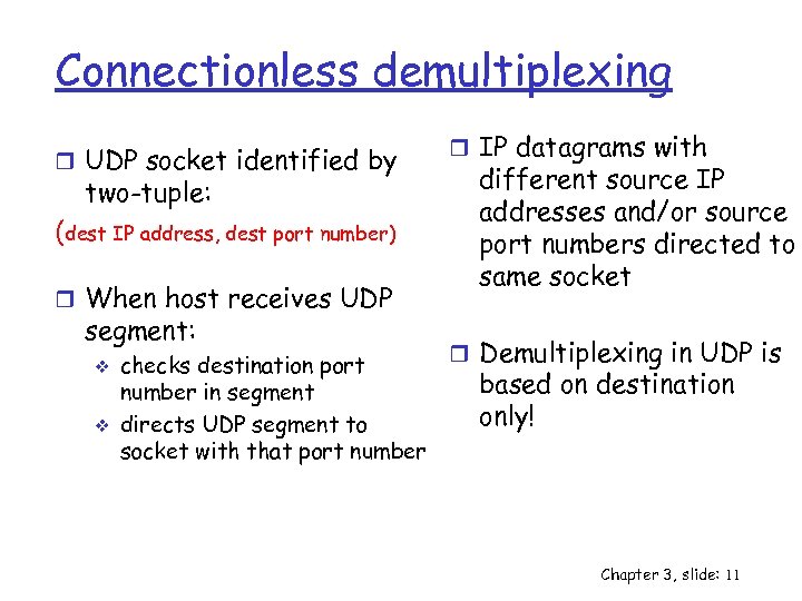 Connectionless demultiplexing r UDP socket identified by two-tuple: (dest IP address, dest port number)