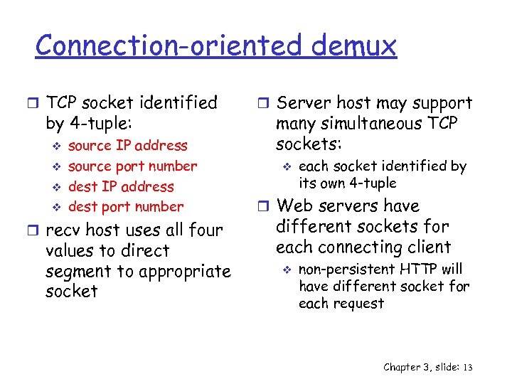 Connection-oriented demux r TCP socket identified by 4 -tuple: v v source IP address