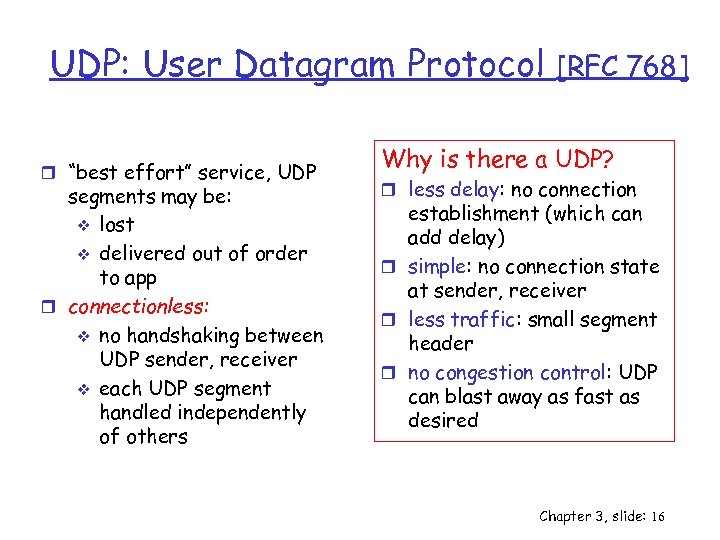 UDP: User Datagram Protocol r “best effort” service, UDP segments may be: v lost