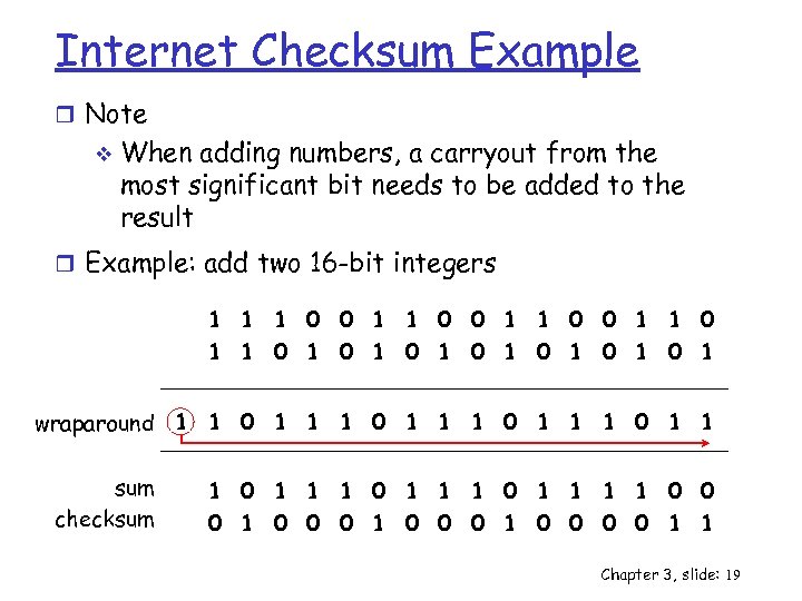 Internet Checksum Example r Note v When adding numbers, a carryout from the most