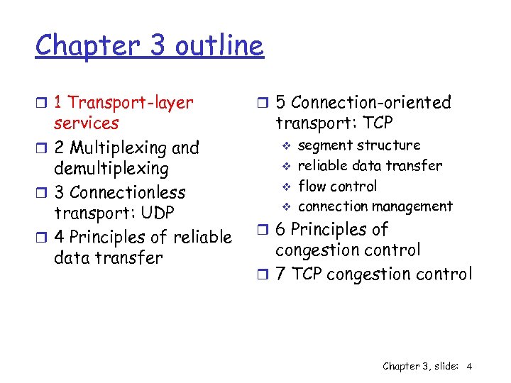 Chapter 3 outline r 1 Transport-layer services r 2 Multiplexing and demultiplexing r 3