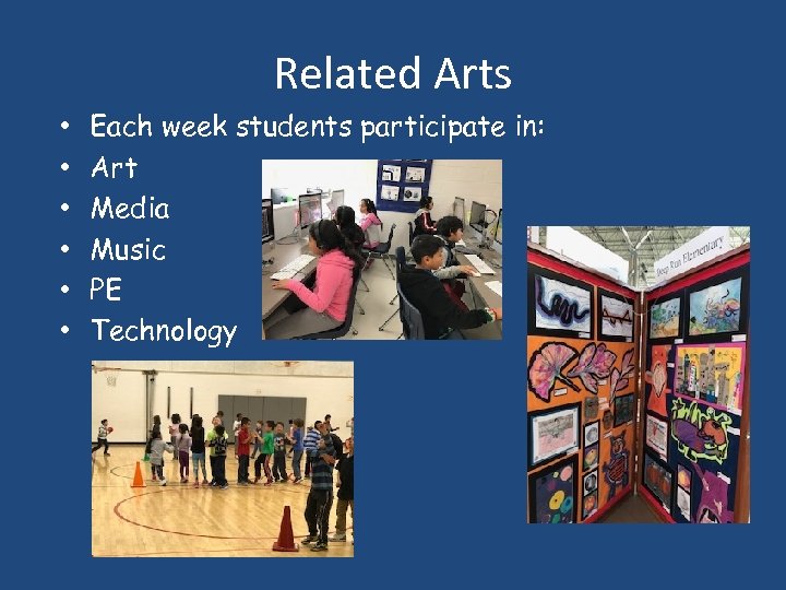 Related Arts • • • Each week students participate in: Art Media Music PE