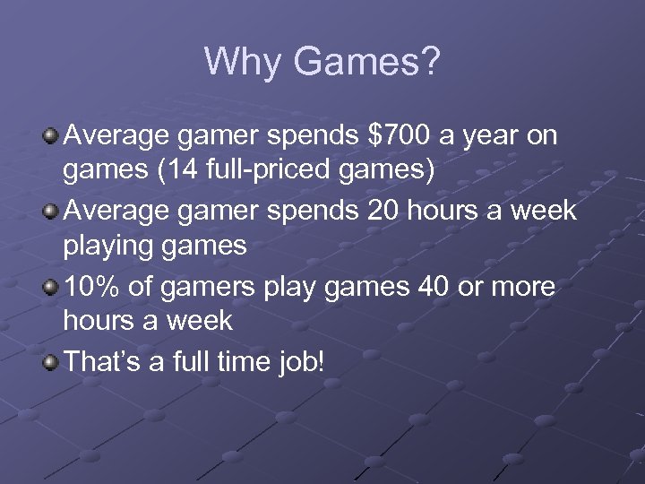 Why Games? Average gamer spends $700 a year on games (14 full-priced games) Average