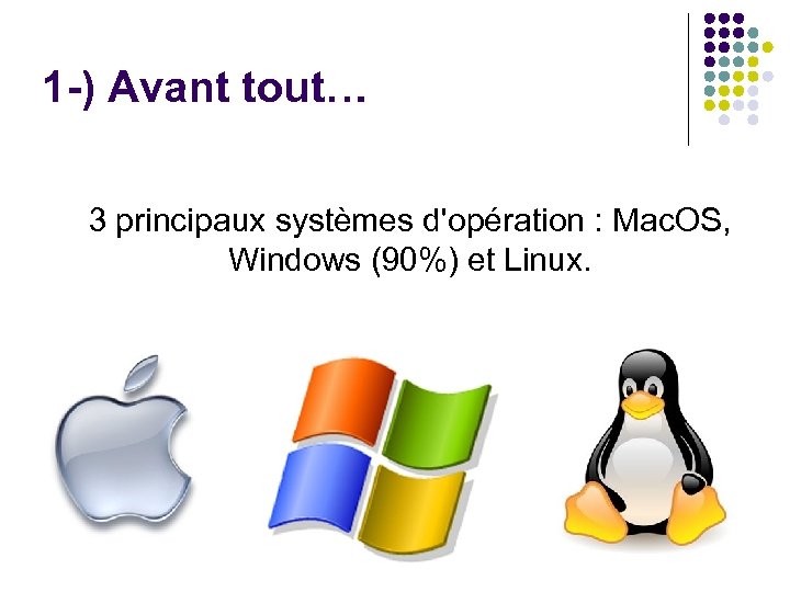 1 -) Avant tout… 3 principaux systèmes d'opération : Mac. OS, Windows (90%) et