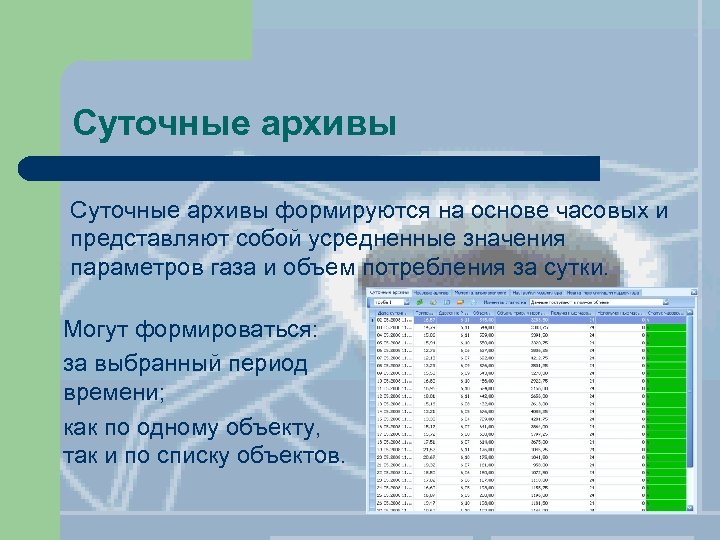Суточные архивы формируются на основе часовых и представляют собой усредненные значения параметров газа и