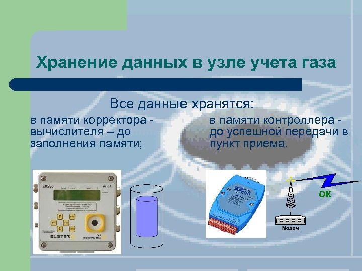 Хранение данных в узле учета газа Все данные хранятся: в памяти корректора вычислителя –