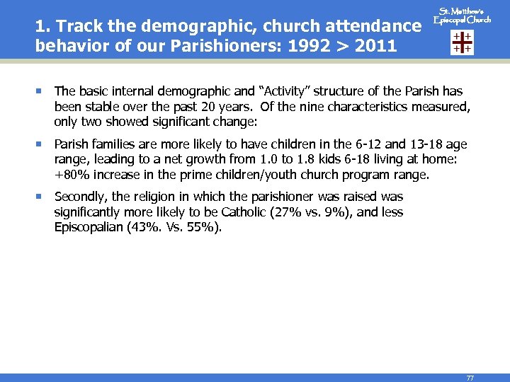 1. Track the demographic, church attendance behavior of our Parishioners: 1992 > 2011 St.