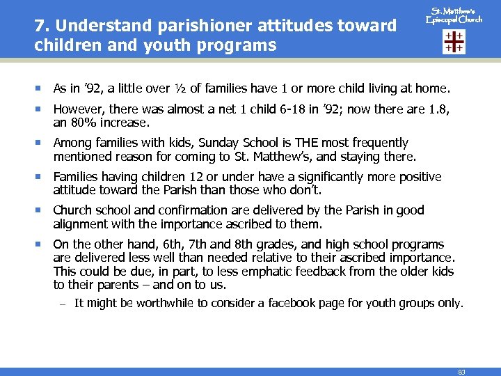 7. Understand parishioner attitudes toward children and youth programs St. Matthew’s Episcopal Church ¡
