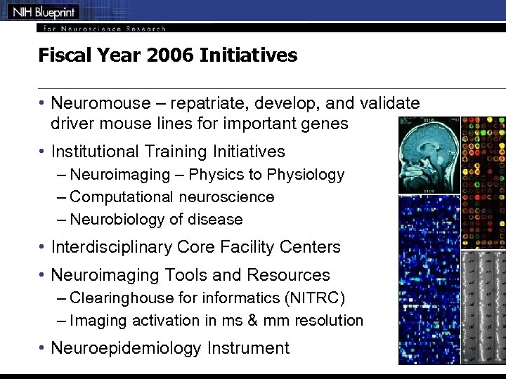 Fiscal Year 2006 Initiatives • Neuromouse – repatriate, develop, and validate driver mouse lines