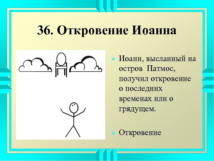 36. Откровение Иоанна Ø Иоанн, высланный на остров Патмос, получил откровение о последних временах