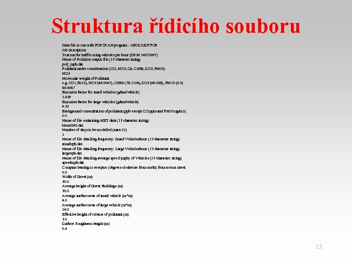 Struktura řídicího souboru Data file to run with FORTRAN program : AEOLIUSF. FOR Job