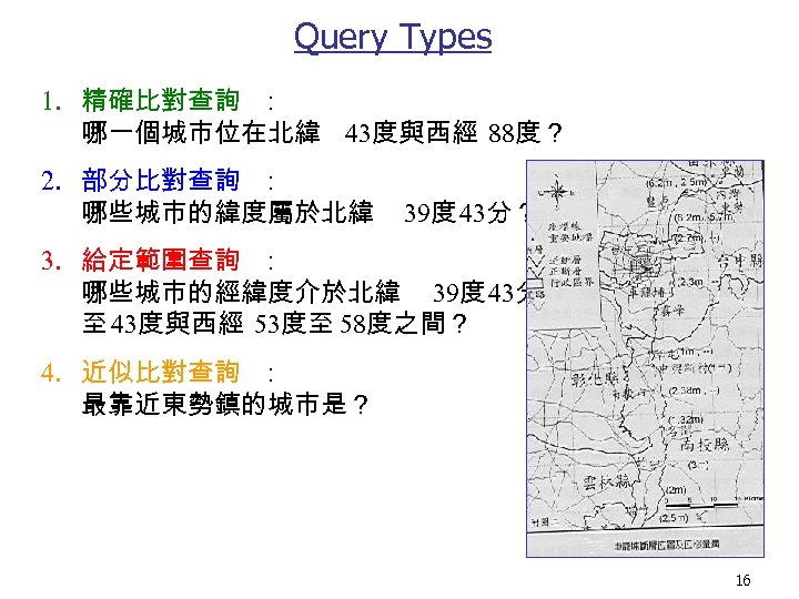 Query Types 1. 精確比對查詢 ： 哪一個城市位在北緯 43度與西經 88度？ 2. 部分比對查詢 ： 哪些城市的緯度屬於北緯 39度 43分？