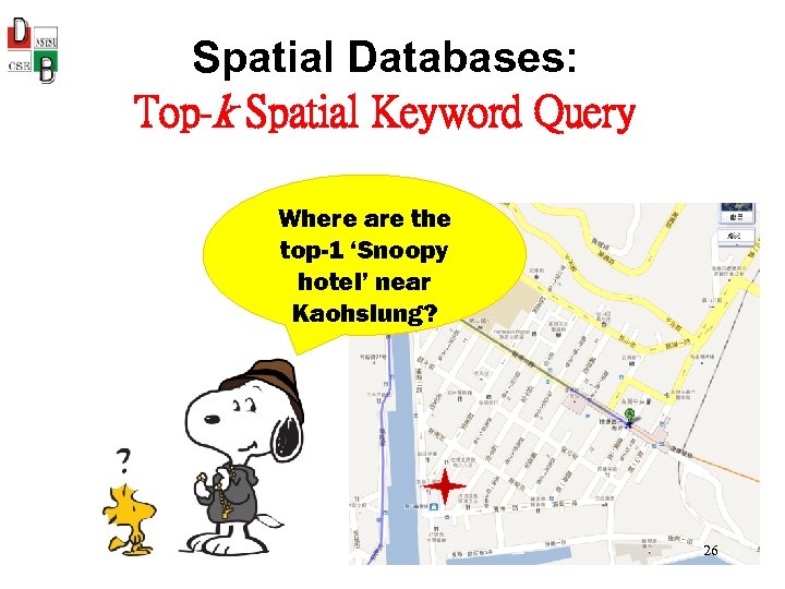 Spatial Databases: Top-k Spatial Keyword Query Where are the top-1 ‘Snoopy hotel’ near Kaohsiung?