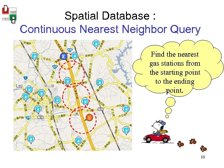 Spatial Database : Continuous Nearest Neighbor Query Find the nearest gas stations from the