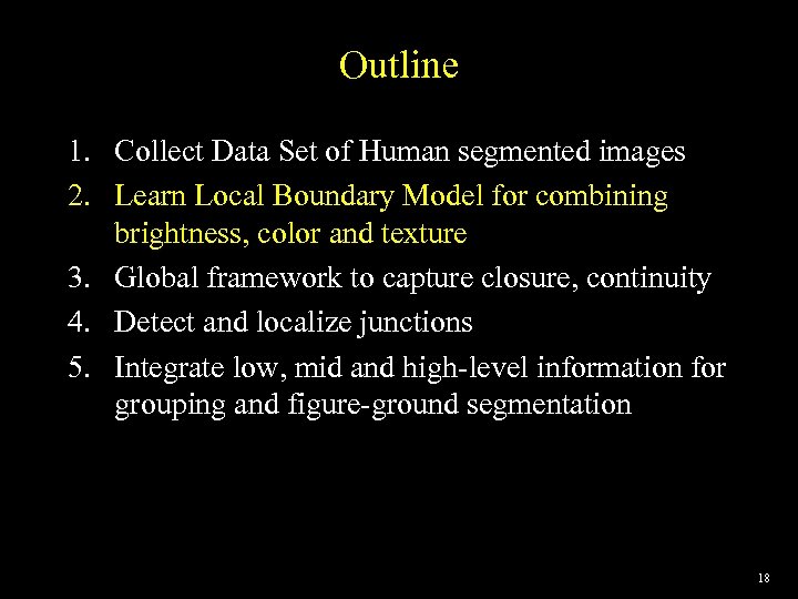 Outline 1. Collect Data Set of Human segmented images 2. Learn Local Boundary Model