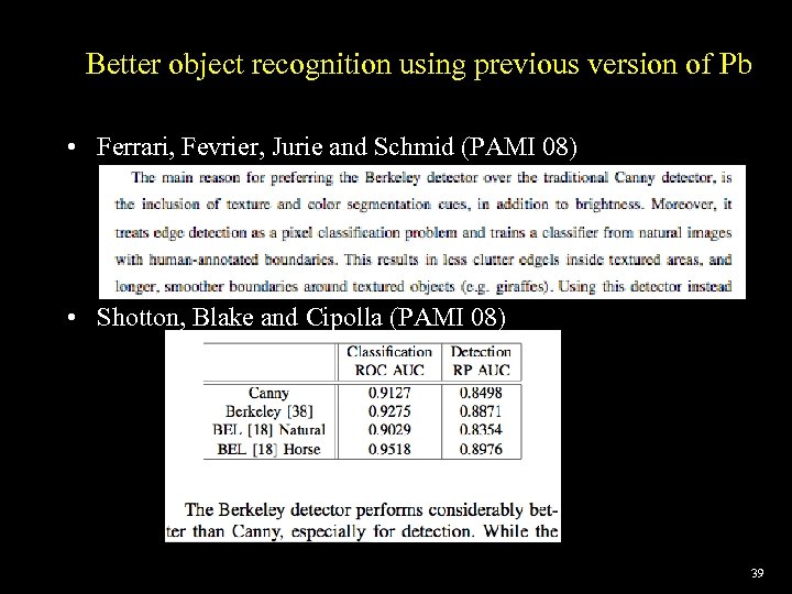 Better object recognition using previous version of Pb • Ferrari, Fevrier, Jurie and Schmid