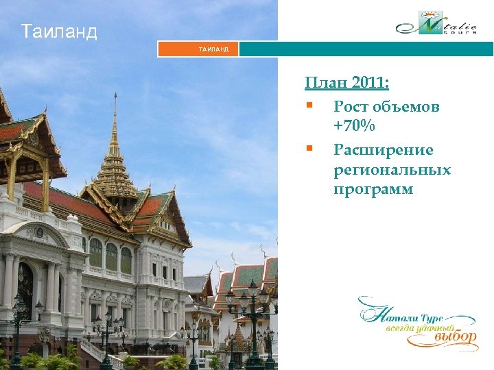 Таиланд ТАИЛАНД План 2011: § Рост объемов +70% § Расширение региональных программ 