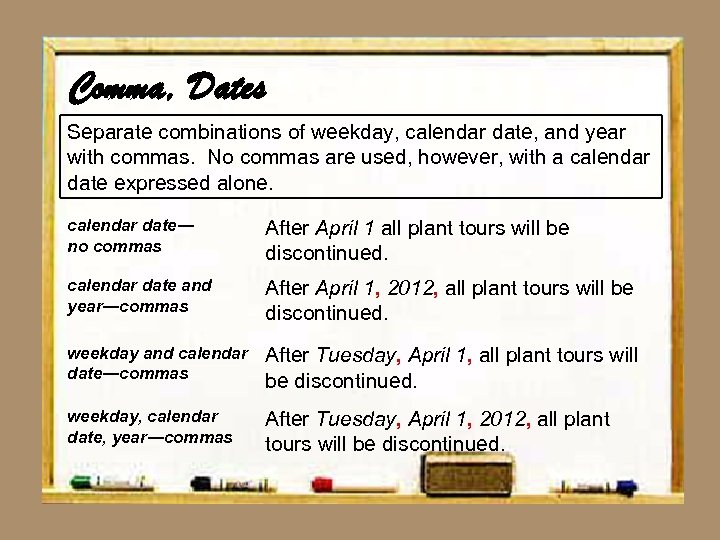 Comma, Dates Separate combinations of weekday, calendar date, and year with commas. No commas