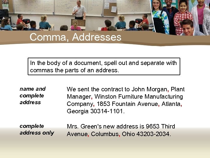 Comma, Addresses In the body of a document, spell out and separate with commas