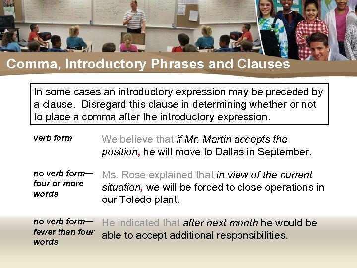 Comma, Introductory Phrases and Clauses In some cases an introductory expression may be preceded