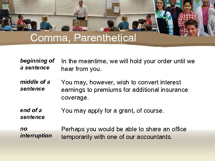 Comma, Parenthetical beginning of a sentence In the meantime, we will hold your order