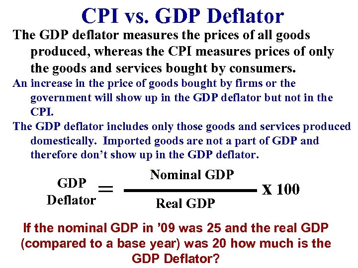 CPI vs. GDP Deflator The GDP deflator measures the prices of all goods produced,