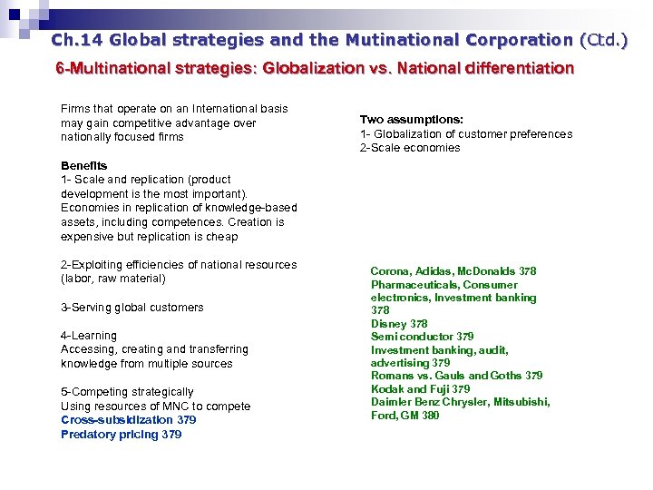 Ch. 14 Global strategies and the Mutinational Corporation (Ctd. ) 6 -Multinational strategies: Globalization