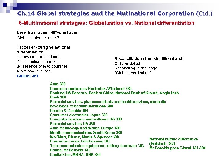 Ch. 14 Global strategies and the Mutinational Corporation (Ctd. ) 6 -Multinational strategies: Globalization