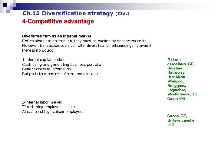 Ch. 15 Diversification strategy (Ctd. ) 4 -Competitive advantage Diversified firm as an internal