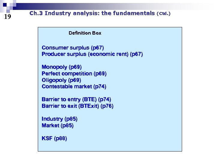 19 Ch. 3 Industry analysis: the fundamentals Definition Box Consumer surplus (p 67) Producer