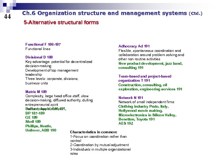 44 Ch. 6 Organization structure and management systems 5 -Alternative structural forms Functional F