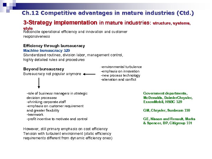 Ch. 12 Competitive advantages in mature industries (Ctd. ) 3 -Strategy implementation in mature