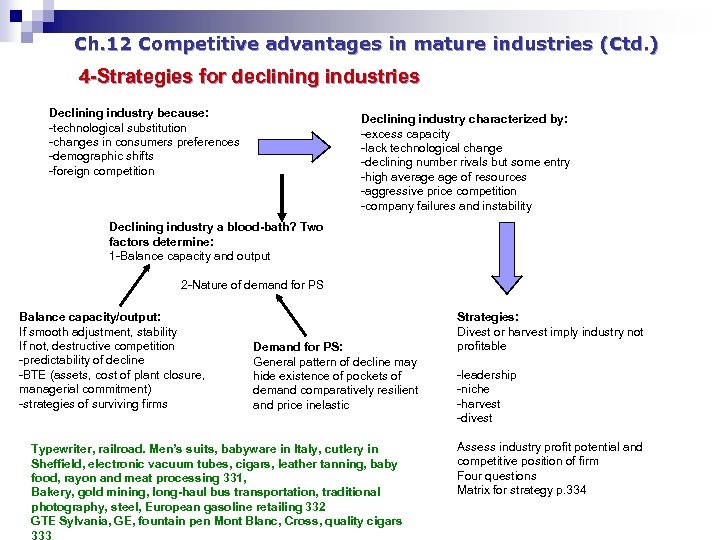 Ch. 12 Competitive advantages in mature industries (Ctd. ) 4 -Strategies for declining industries