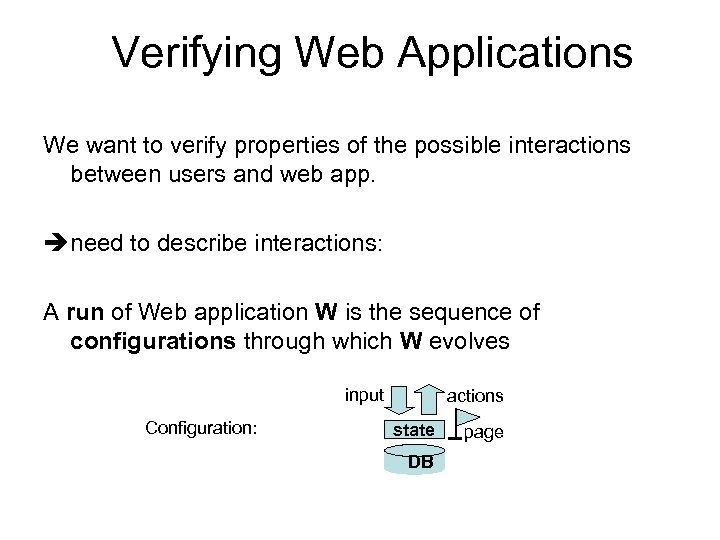 Verifying Web Applications We want to verify properties of the possible interactions between users