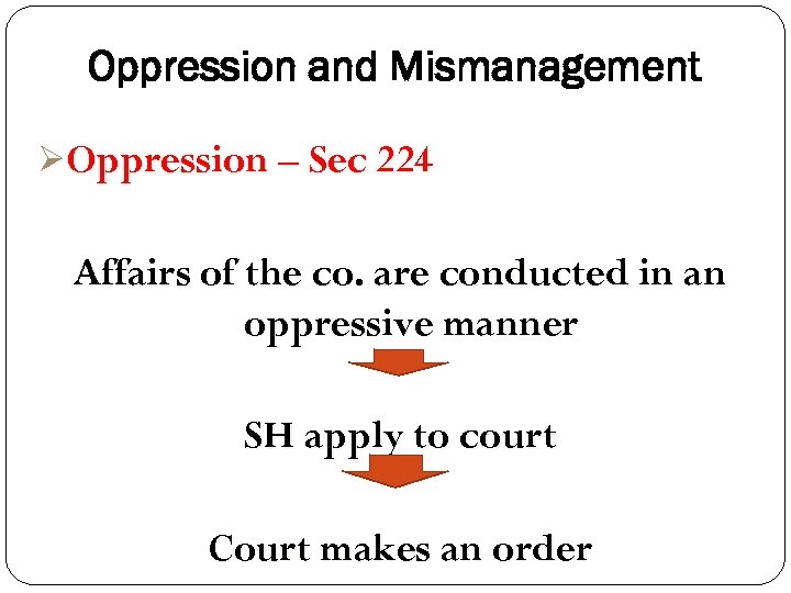 Oppression and Mismanagement ØOppression – Sec 224 Affairs of the co. are conducted in