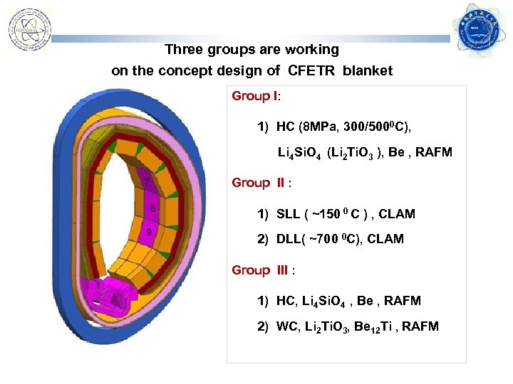 Three groups are working on the concept design of CFETR blanket Group I: 1)