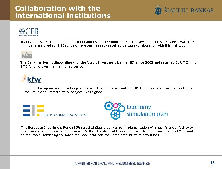 Collaboration with the international institutions In 2002 the Bank started a direct collaboration with