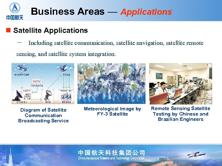 Business Areas — Applications n Satellite Applications －　Including satellite communication, satellite navigation, satellite remote