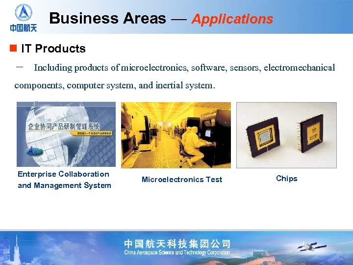 Business Areas — Applications n IT Products －　Including products of microelectronics, software, sensors, electromechanical