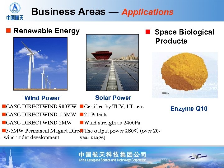 Business Areas — Applications n Renewable Energy Wind Power n Space Biological Products Solar