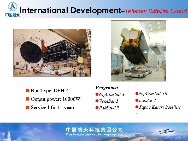 International Development–Telecom Satellite Export n Bus Type: DFH-4 n Output power: 10000 W n