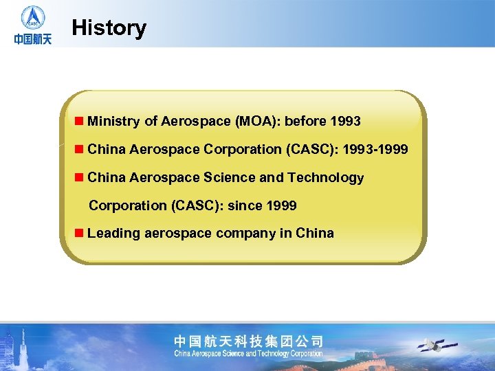 History n Ministry of Aerospace (MOA): before 1993 n China Aerospace Corporation (CASC): 1993