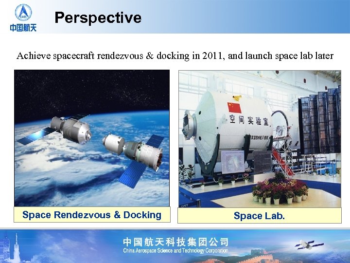 Perspective Achieve spacecraft rendezvous & docking in 2011, and launch space lab later Space