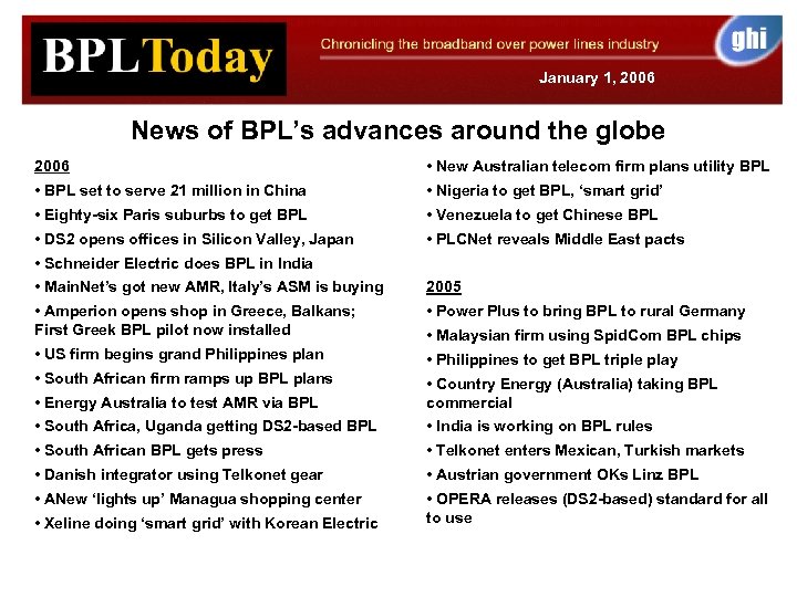 January 1, 2006 News of BPL’s advances around the globe 2006 • New Australian