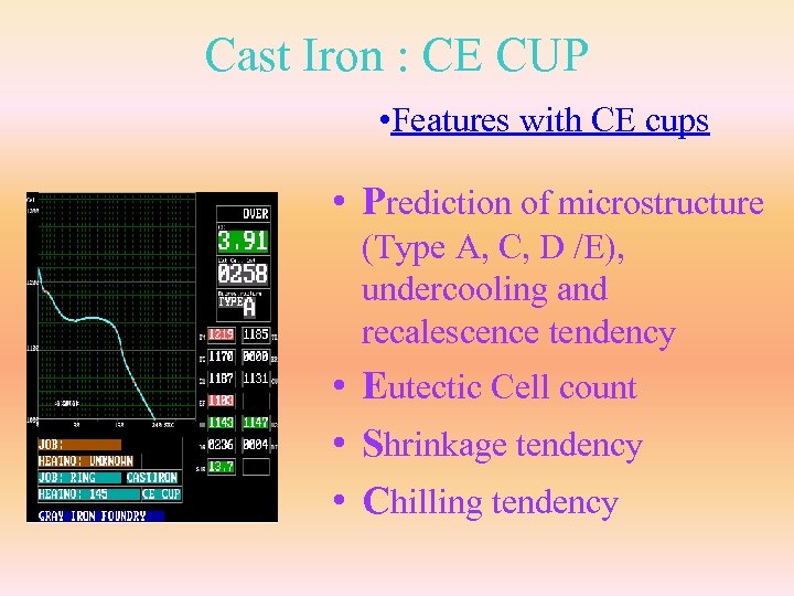 Cast Iron : CE CUP • Features with CE cups • Prediction of microstructure